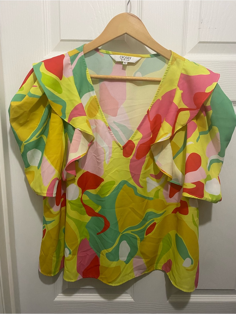 Crosby V-Neck Ruffle Blouse in Yellow Multi Abstract Print